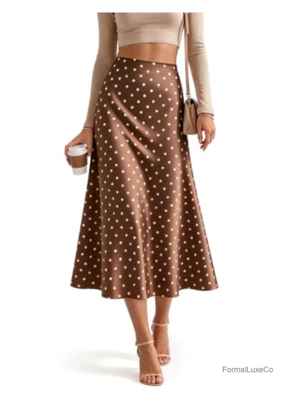 Satin Midi Skirt Fishtail Polka Dot High Waist Pull On